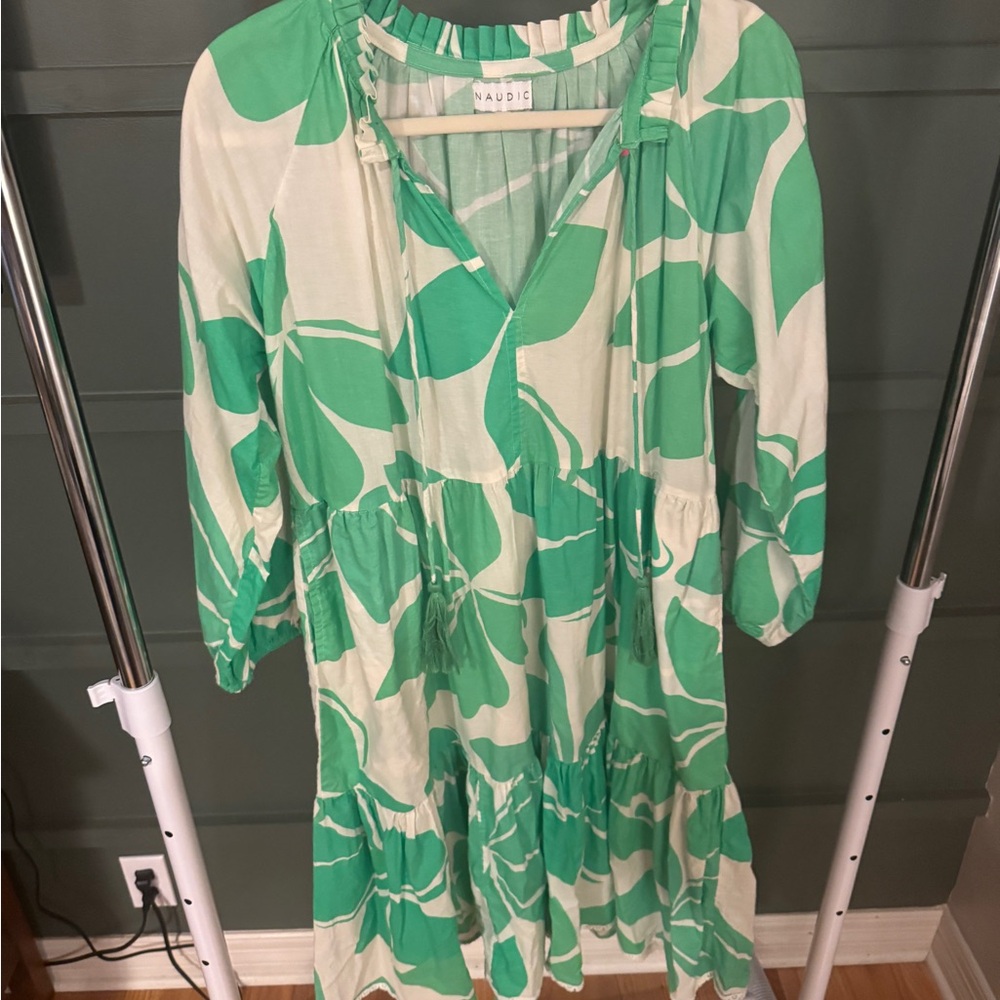Green and White Wrap Sundress with Bishop Sleeves